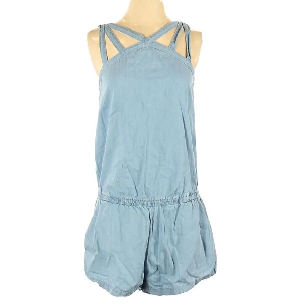 Fabletics Womens Liza Blue Chambray Cotton Strappy Romper Athleisure Size S NWOT